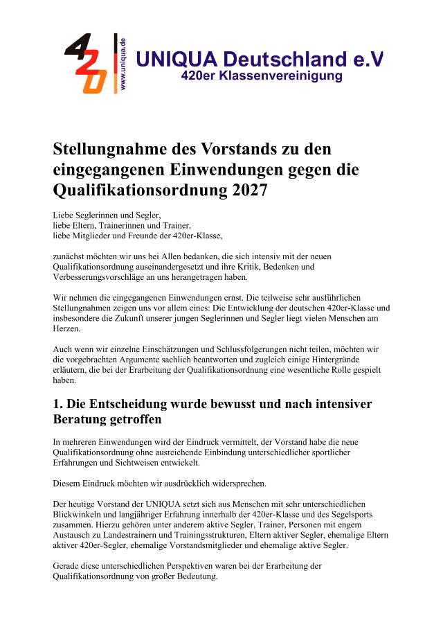 Vorschau erste Seite: Stellungnahme des Vorstands zur Qualifikationsordnung 2027