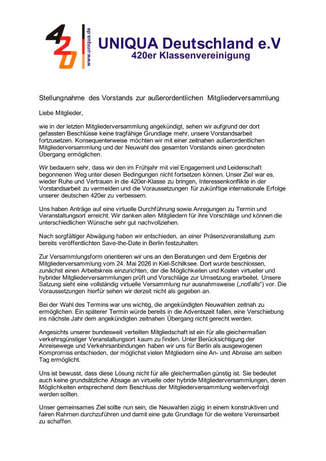 Vorschau erste Seite: Stellungnahme des Vorstands zur außerordentlichen Mitgliederversammlung